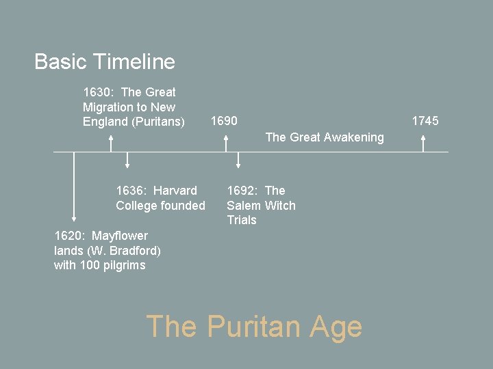 Basic Timeline 1630: The Great Migration to New England (Puritans) 1690 1745 The Great