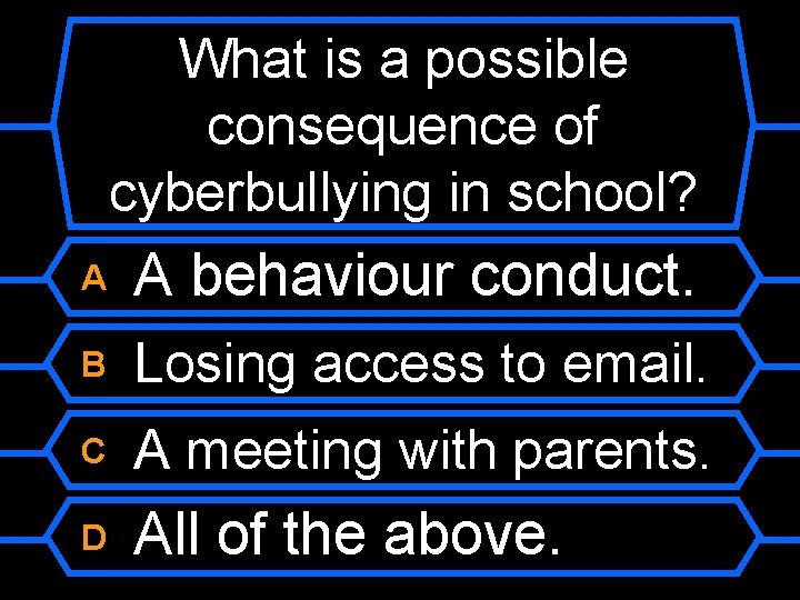 What is a possible consequence of cyberbullying in school? A A behaviour conduct. B