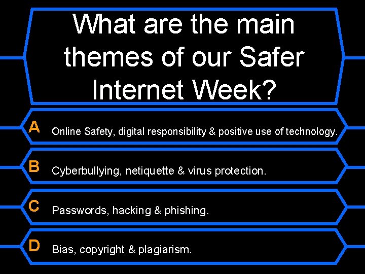 What are the main themes of our Safer Internet Week? A Online Safety, digital