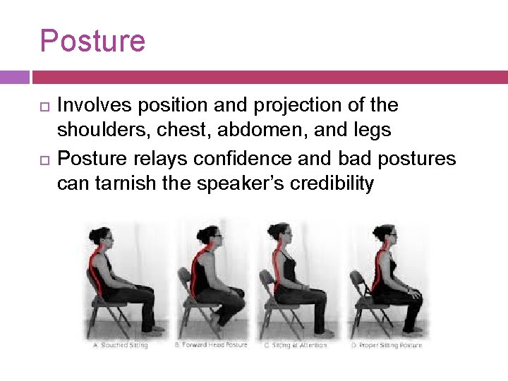 Posture Involves position and projection of the shoulders, chest, abdomen, and legs Posture relays