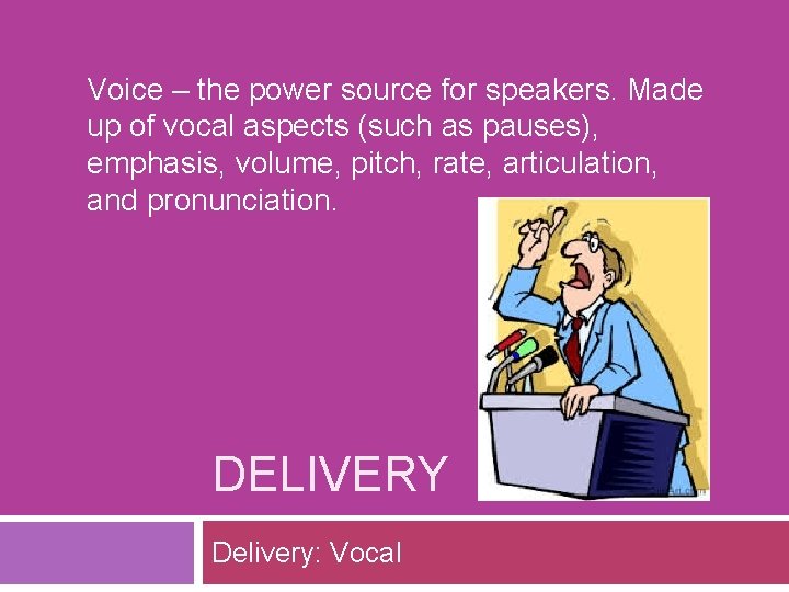 Voice – the power source for speakers. Made up of vocal aspects (such as