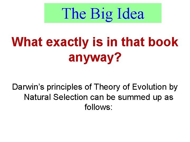 The Big Idea What exactly is in that book anyway? Darwin’s principles of Theory