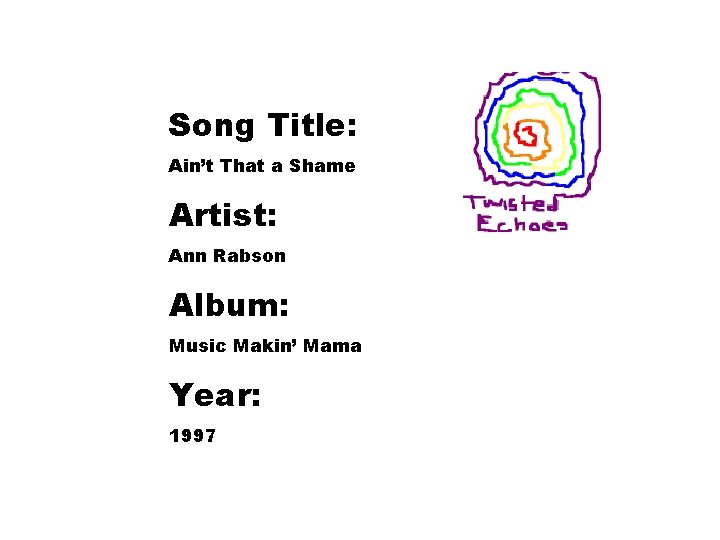 Song Title: Ain’t That a Shame Artist: Ann Rabson Album: Music Makin’ Mama Year: