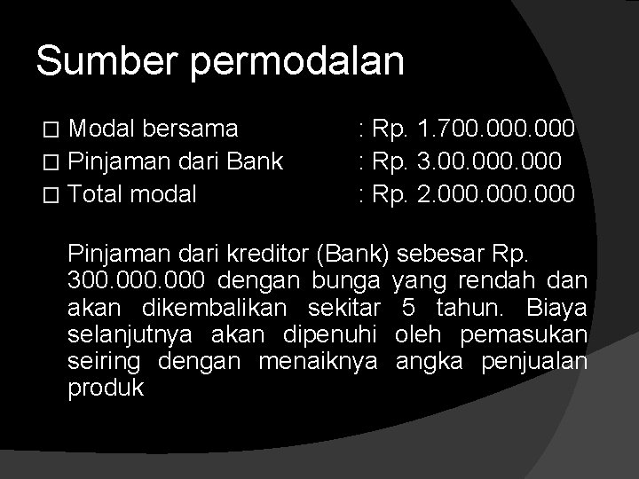 Sumber permodalan Modal bersama � Pinjaman dari Bank � Total modal � : Rp.