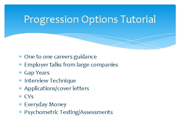 Progression Options Tutorial One to one careers guidance Employer talks from large companies Gap