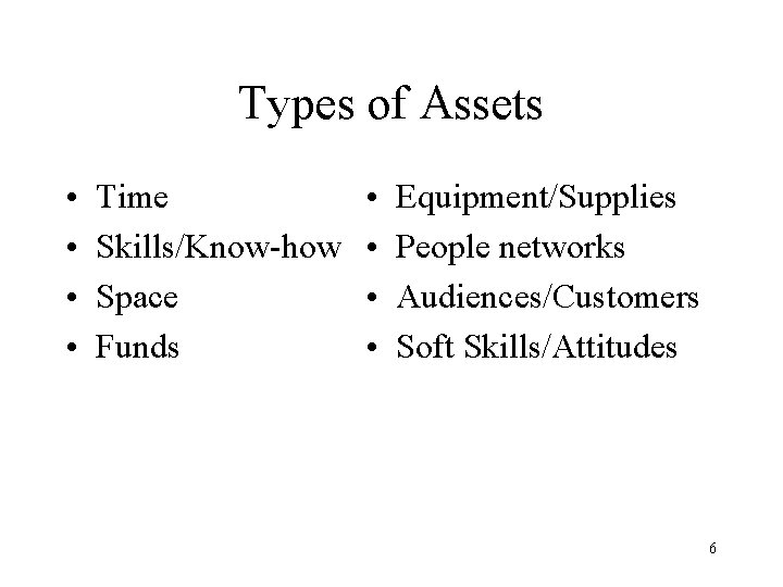 Types of Assets • • Time Skills/Know-how Space Funds • • Equipment/Supplies People networks