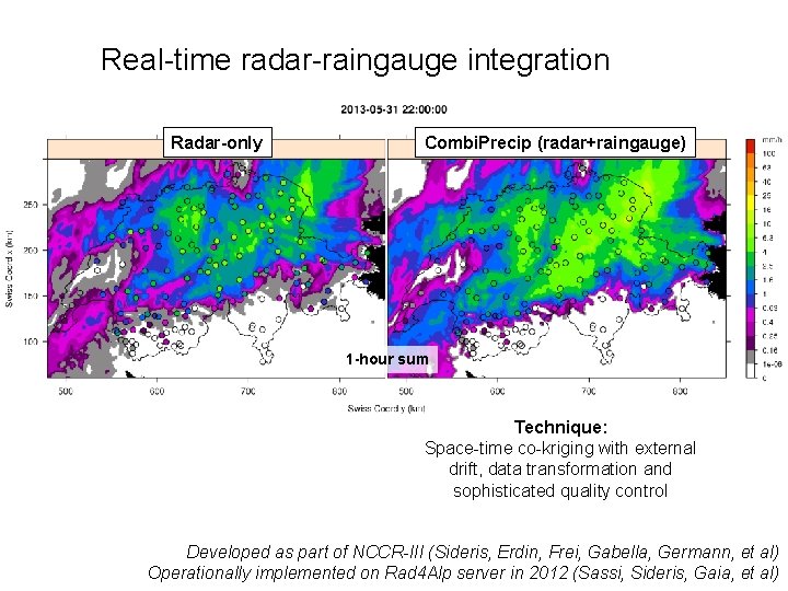 Real-time radar-raingauge integration Radar-only Combi. Precip (radar+raingauge) 1 -hour sum Technique: Space-time co-kriging with