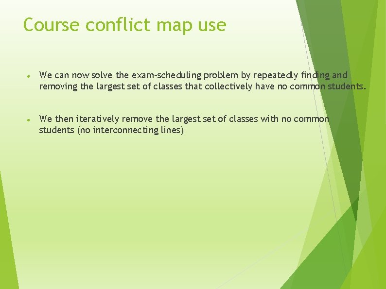 Course conflict map use We can now solve the exam-scheduling problem by repeatedly finding