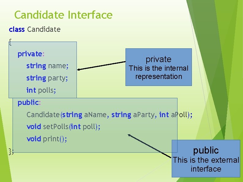 Candidate Interface class Candidate { private: string name; string party; private This is the
