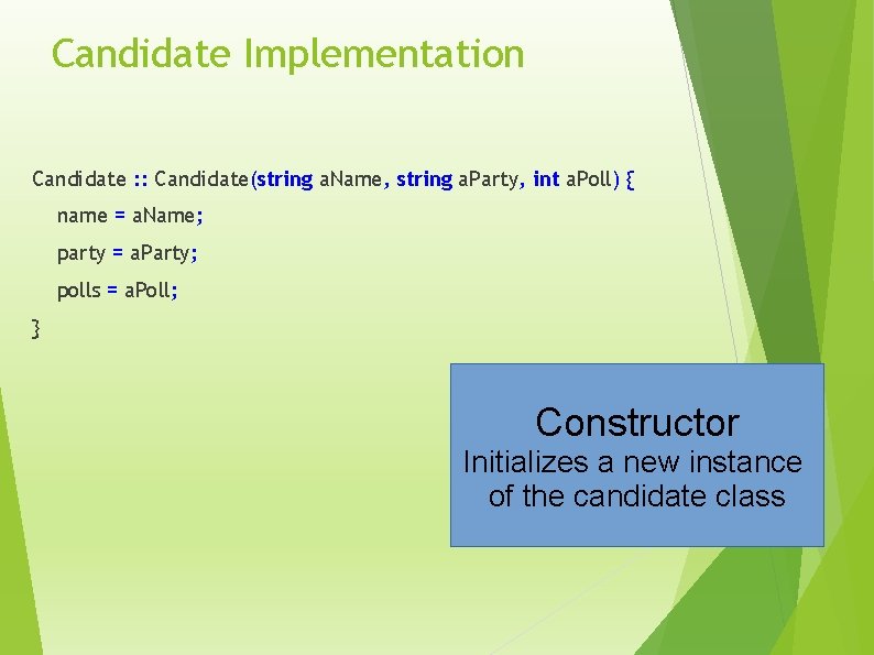 Candidate Implementation Candidate : : Candidate(string a. Name, string a. Party, int a. Poll)