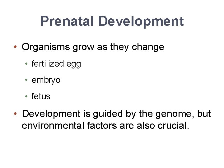 Prenatal Development • Organisms grow as they change • fertilized egg • embryo •
