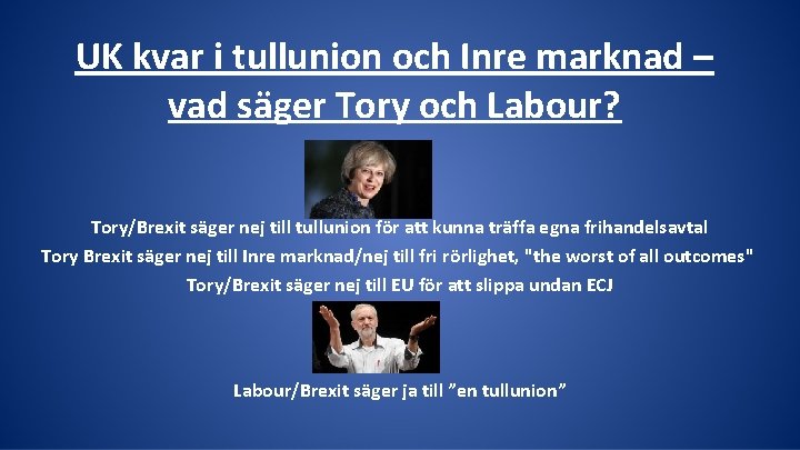 UK kvar i tullunion och Inre marknad – vad säger Tory och Labour? Tory/Brexit