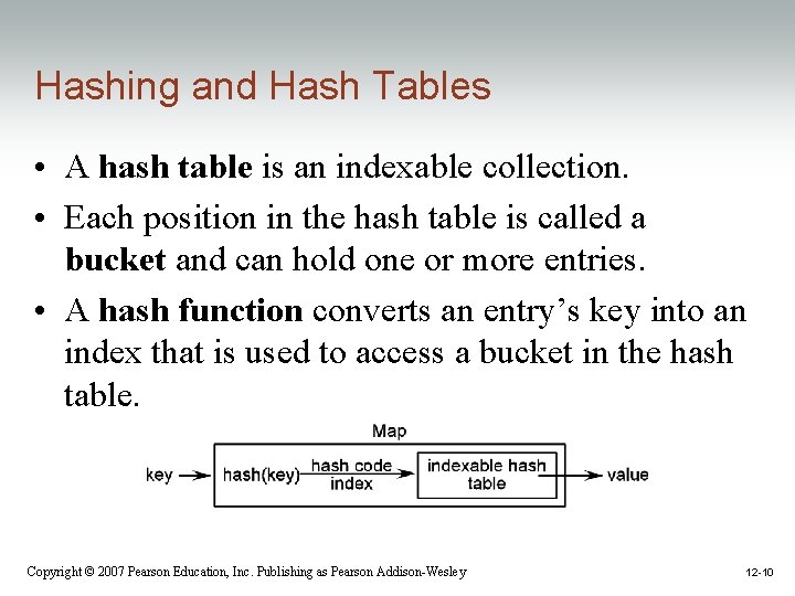 Hashing and Hash Tables • A hash table is an indexable collection. • Each