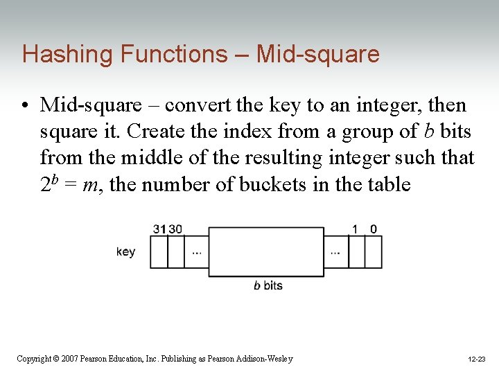 Hashing Functions – Mid-square • Mid-square – convert the key to an integer, then