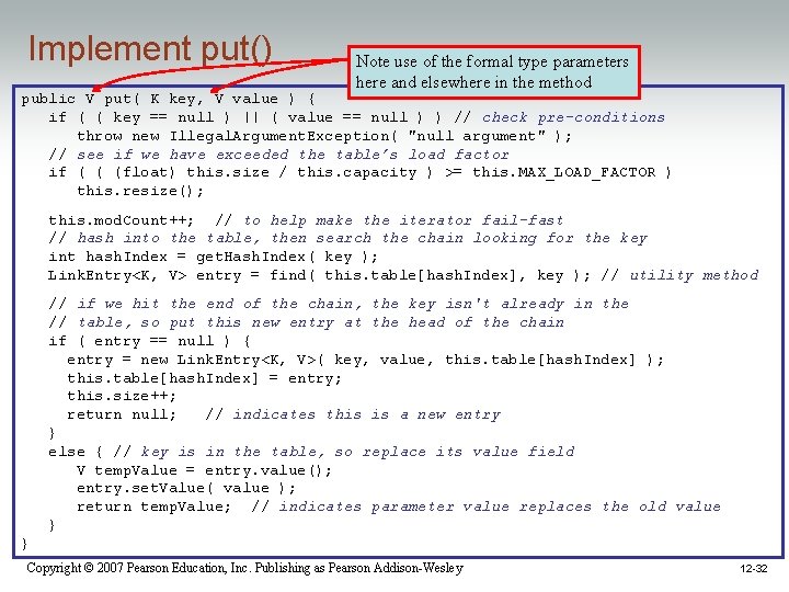 Implement put() Note use of the formal type parameters here and elsewhere in the Implement put() Note use of the formal type parameters here and elsewhere in the