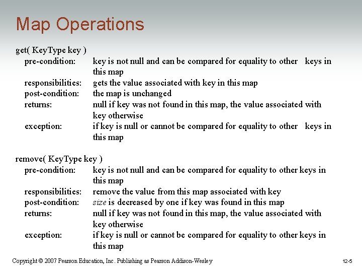 Map Operations get( Key. Type key ) pre-condition: key is not null and can