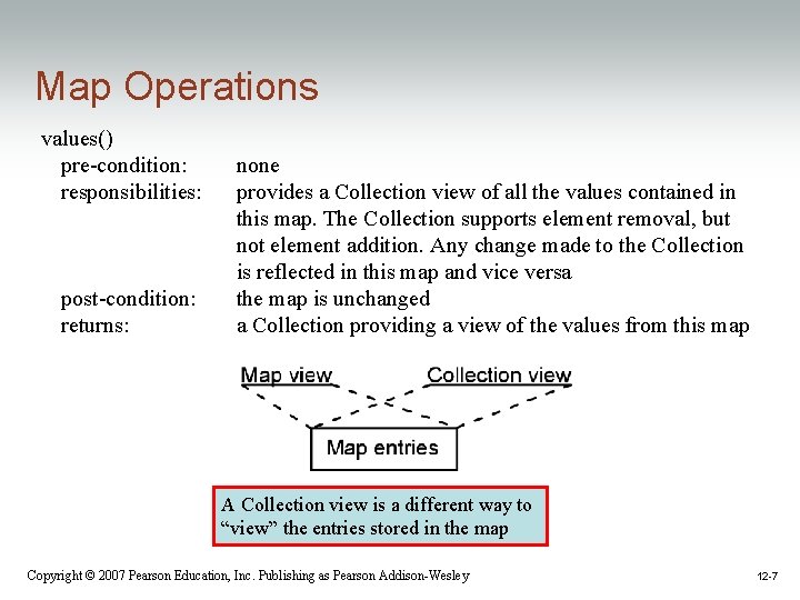 Map Operations values() pre-condition: responsibilities: post-condition: returns: none provides a Collection view of all