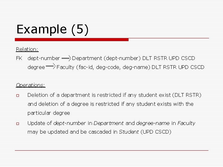 Example (5) Relation: FK dept-number degree Department (dept-number) DLT RSTR UPD CSCD Faculty (fac-id,
