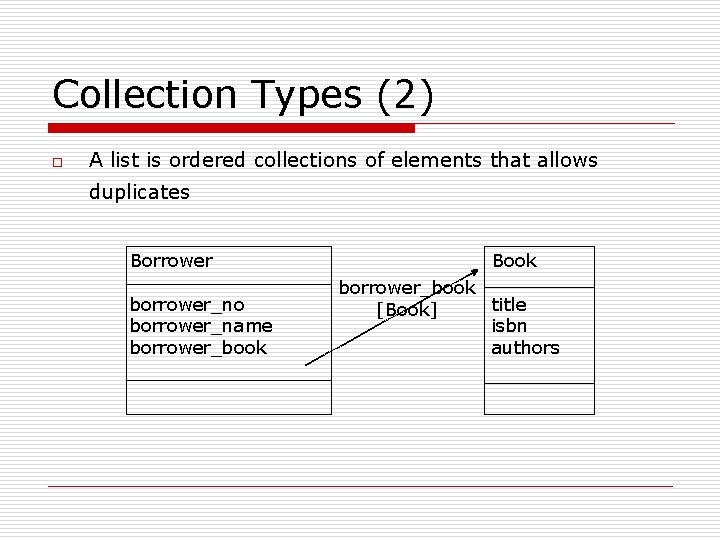 Collection Types (2) o A list is ordered collections of elements that allows duplicates