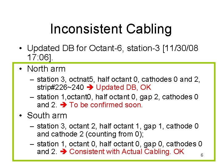 Inconsistent Cabling • Updated DB for Octant-6, station-3 [11/30/08 17: 06]. • North arm