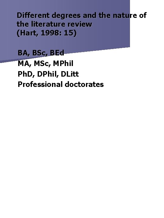 Different degrees and the nature of the literature review (Hart, 1998: 15) BA, BSc,