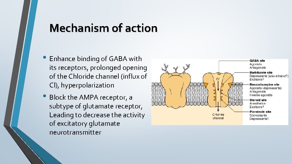 Mechanism of action • Enhance binding of GABA with its receptors, prolonged opening of