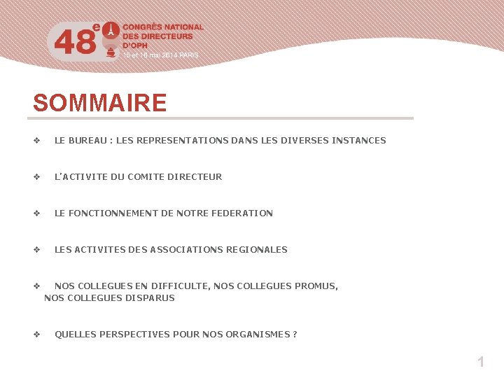 SOMMAIRE v LE BUREAU : LES REPRESENTATIONS DANS LES DIVERSES INSTANCES v L’ACTIVITE DU