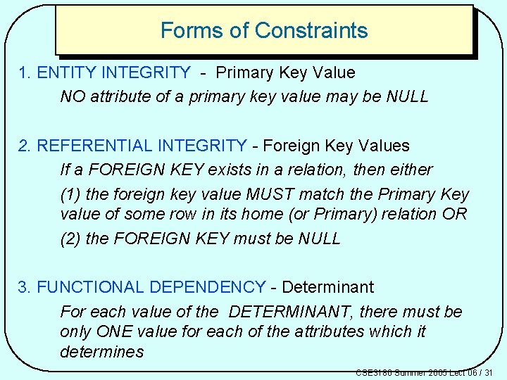 Forms of Constraints 1. ENTITY INTEGRITY - Primary Key Value NO attribute of a