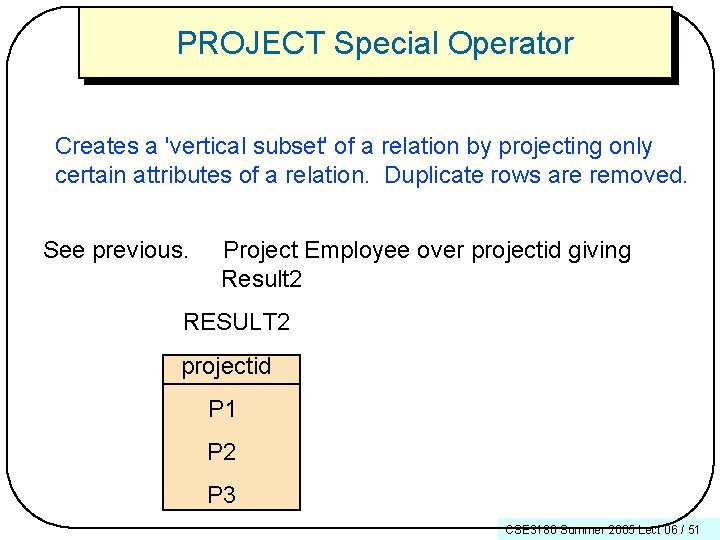 PROJECT Special Operator Creates a 'vertical subset' of a relation by projecting only certain
