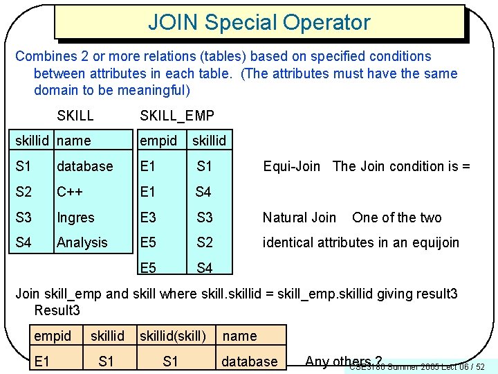 JOIN Special Operator Combines 2 or more relations (tables) based on specified conditions between