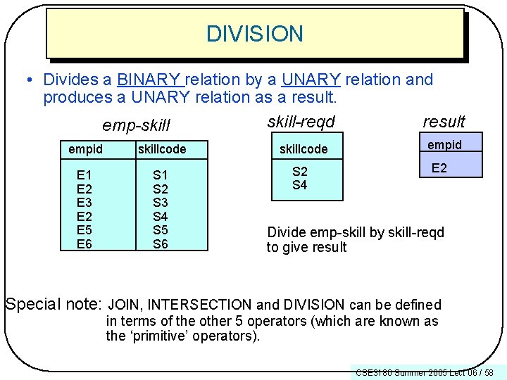 DIVISION • Divides a BINARY relation by a UNARY relation and produces a UNARY