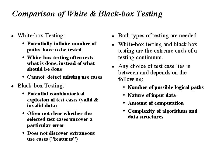 Comparison of White & Black-box Testing ¨ White-box Testing: w Potentially infinite number of