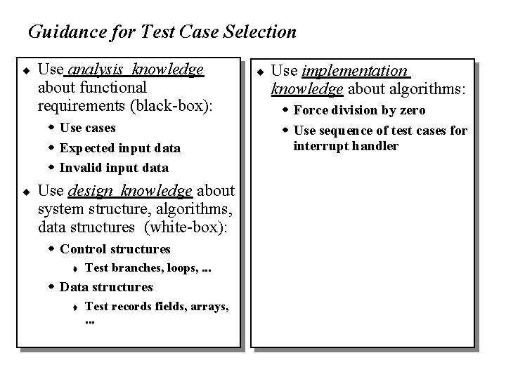 Guidance for Test Case Selection ¨ Use analysis knowledge about functional requirements (black-box): w