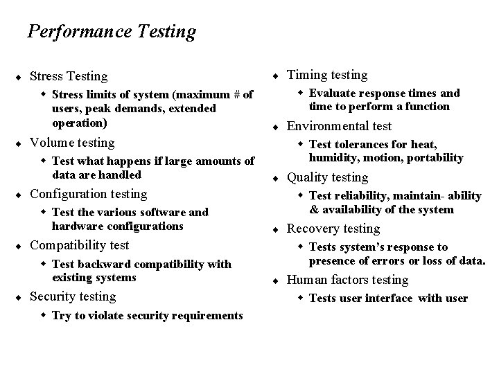 Performance Testing ¨ Stress Testing w Stress limits of system (maximum # of users,