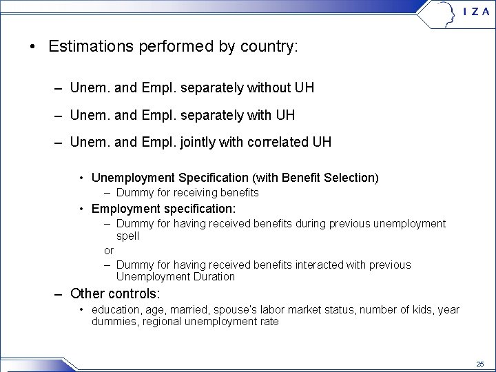  • Estimations performed by country: – Unem. and Empl. separately without UH –