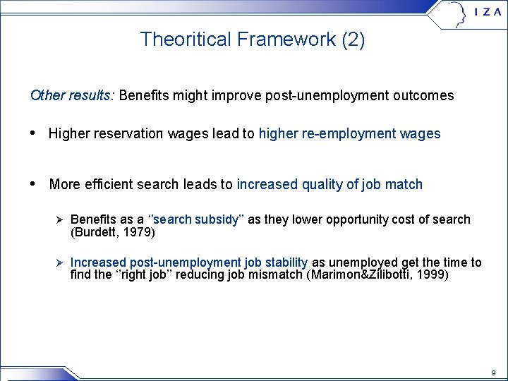 Theoritical Framework (2) Other results: Benefits might improve post-unemployment outcomes • Higher reservation wages