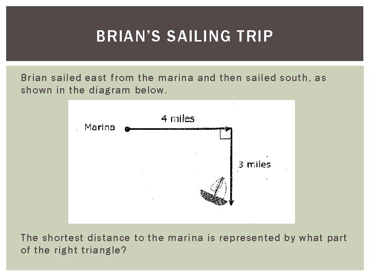 BRIAN’S SAILING TRIP Brian sailed east from the marina and then sailed south, as