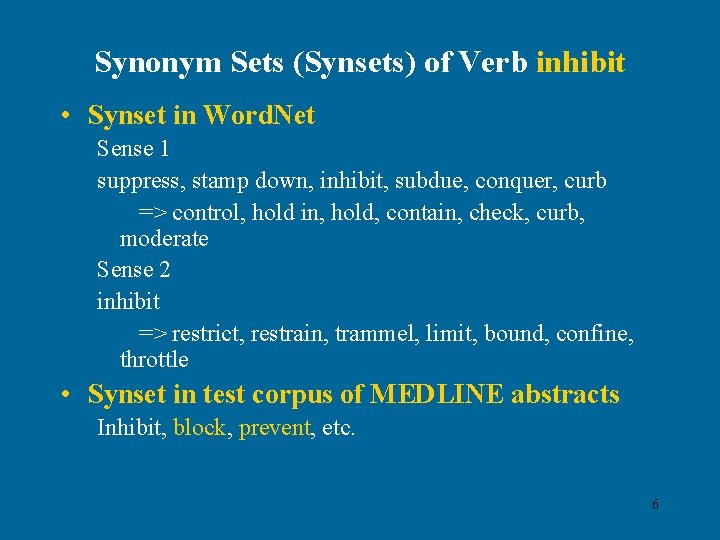 Synonym Sets (Synsets) of Verb inhibit • Synset in Word. Net Sense 1 suppress,