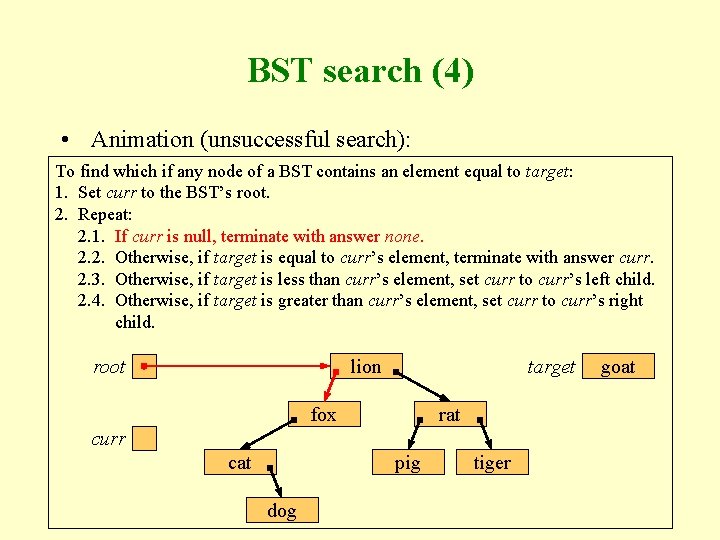 BST search (4) • Animation (unsuccessful search): To find which if any node of