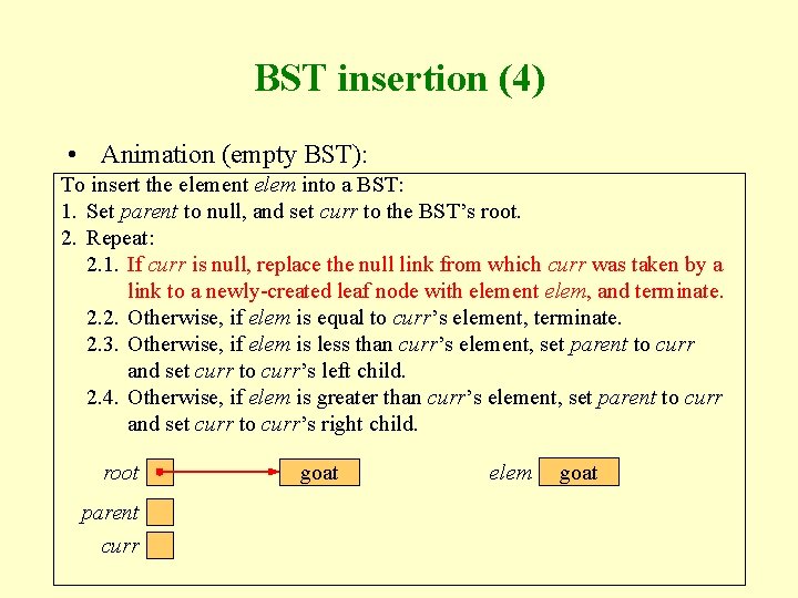 BST insertion (4) • Animation (empty BST): To insert the element elem into a