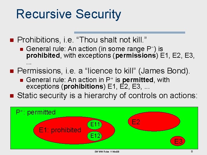 Recursive Security n Prohibitions, i. e. “Thou shalt not kill. ” n n Permissions,