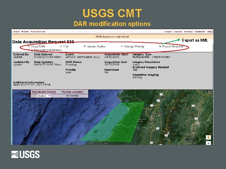 USGS CMT DAR modification options Export as KML 