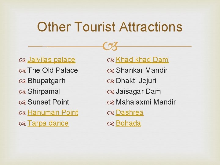 Other Tourist Attractions Jaivilas palace The Old Palace Bhupatgarh Shirpamal Sunset Point Hanuman Point