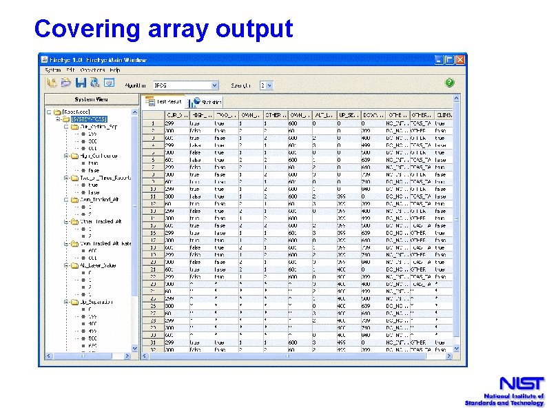 Covering array output 