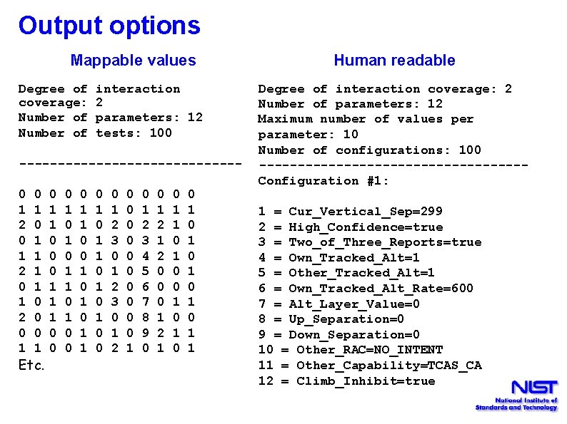 Output options Mappable values Degree of coverage: Number of interaction 2 parameters: 12 tests: