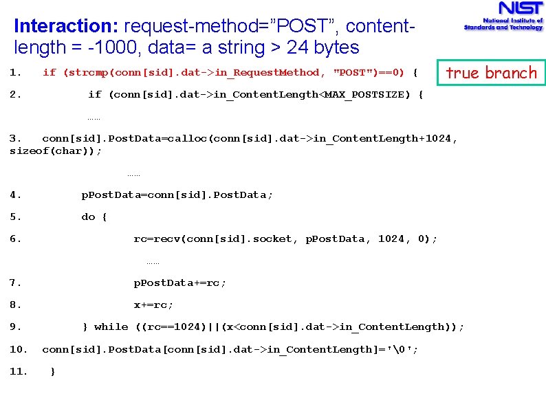 Interaction: request-method=”POST”, contentlength = -1000, data= a string > 24 bytes 1. if (strcmp(conn[sid].