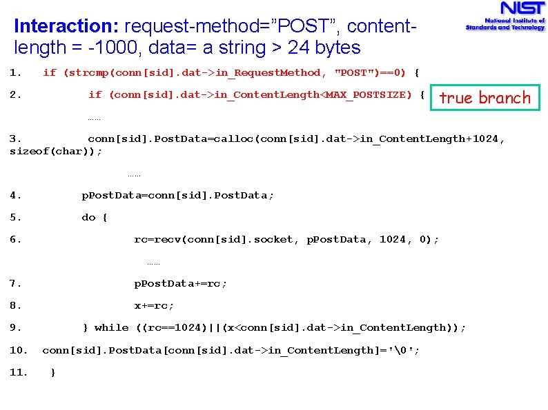 Interaction: request-method=”POST”, contentlength = -1000, data= a string > 24 bytes 1. if (strcmp(conn[sid].