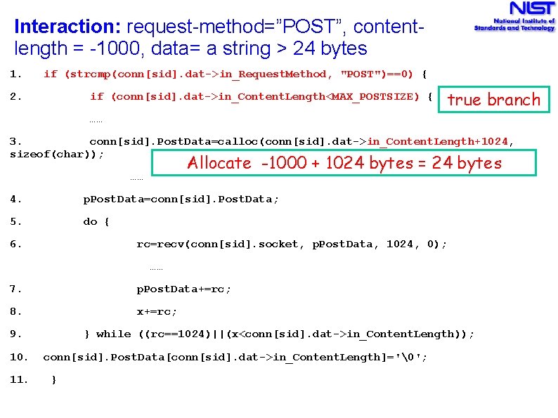 Interaction: request-method=”POST”, contentlength = -1000, data= a string > 24 bytes 1. if (strcmp(conn[sid].