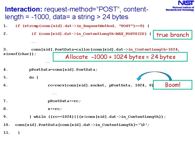 Interaction: request-method=”POST”, contentlength = -1000, data= a string > 24 bytes 1. if (strcmp(conn[sid].