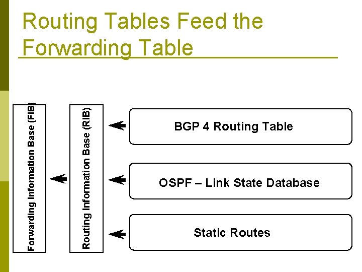 Routing Information Base (RIB) Forwarding Information Base (FIB) Routing Tables Feed the Forwarding Table